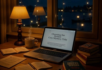 Laptop with Choosing Cosy Mystery Titles on the screen