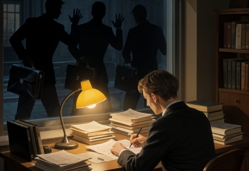 Writer with marketers at the window