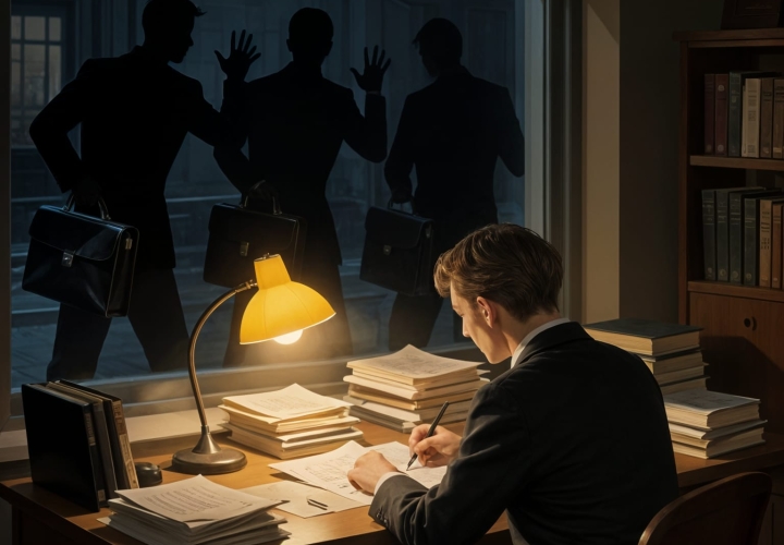 Writer with marketers at the window