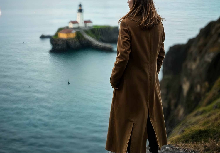 Paula Langford standing on the cliffs looking at the lighthouse