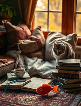 Cat with books