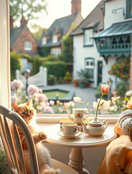 Cat with tea in a cosy village