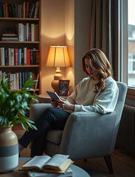 Woman sitting in a chair using a tablet